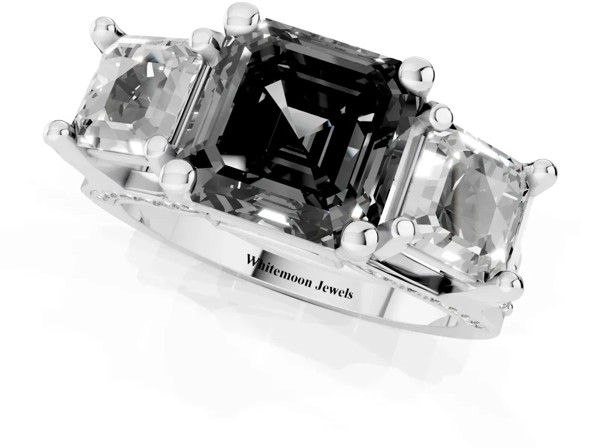 Fancy Black Asscher Cut Diamond Three-Stone Ring with Channel Set Band and Four-Prong Setting Silver