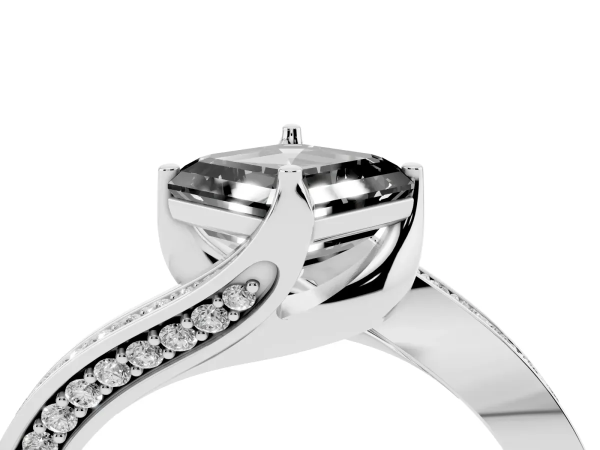 Fancy Black Asscher Cut Solitaire Diamond Twist Band with Pavé Setting and Four-Prong Setting Silver