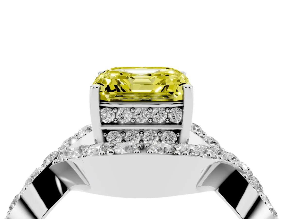 Fancy Yellow Asscher Cut Solitaire Twist Band Pavé Diamond Engagement Ring Silver