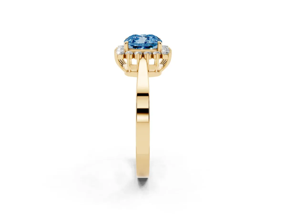 Fancy Blue Cushion Cut Cut Diamond Halo Ring with Round Brilliant Halo and Solitaire Band Yellow gold