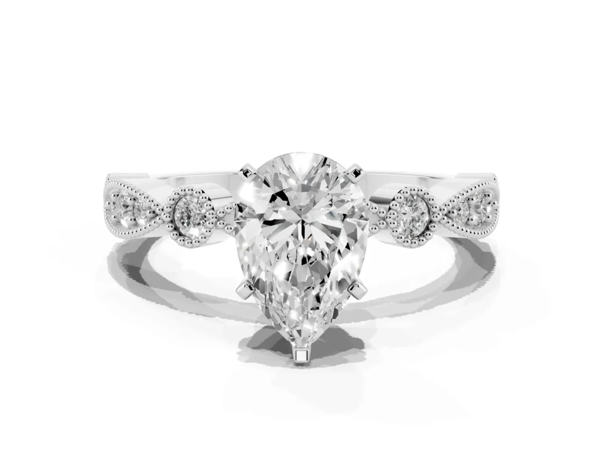 Pear Cut Milgrain Bezel Diamond Engagement Ring with Solitaire Prong Setting Silver