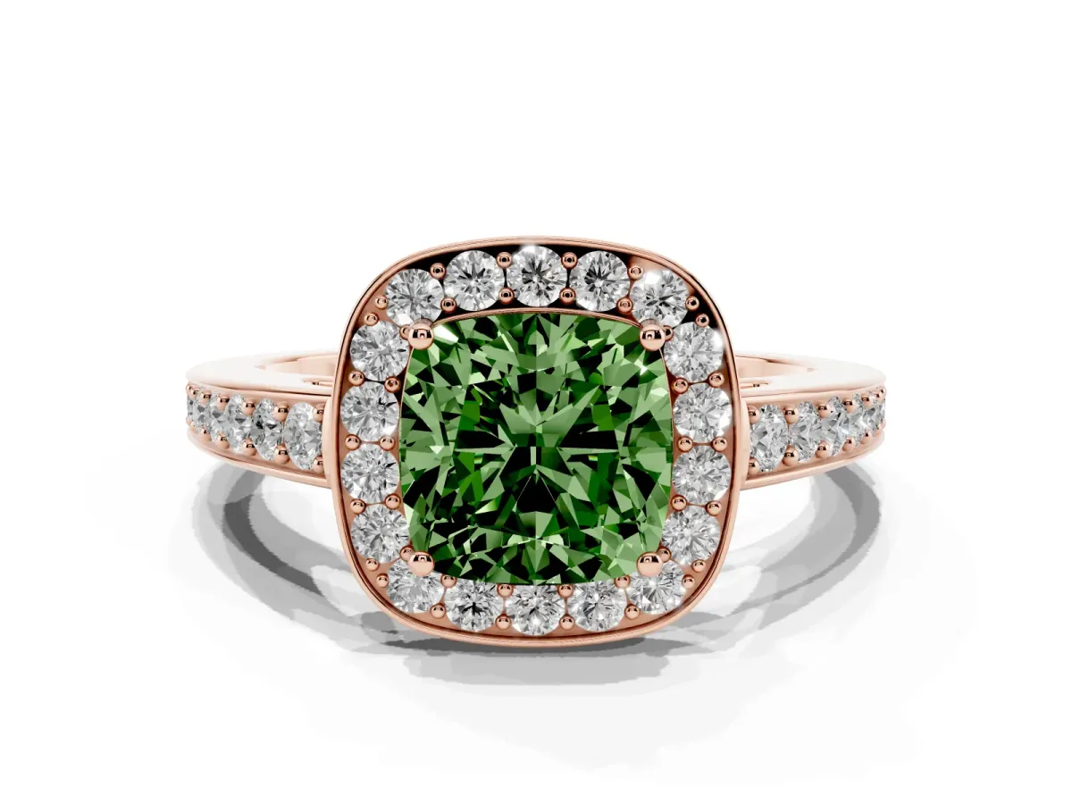 Fancy Green Cushion Cut Halo Pavé Diamond Engagement Ring with Bezel Setting Rose gold