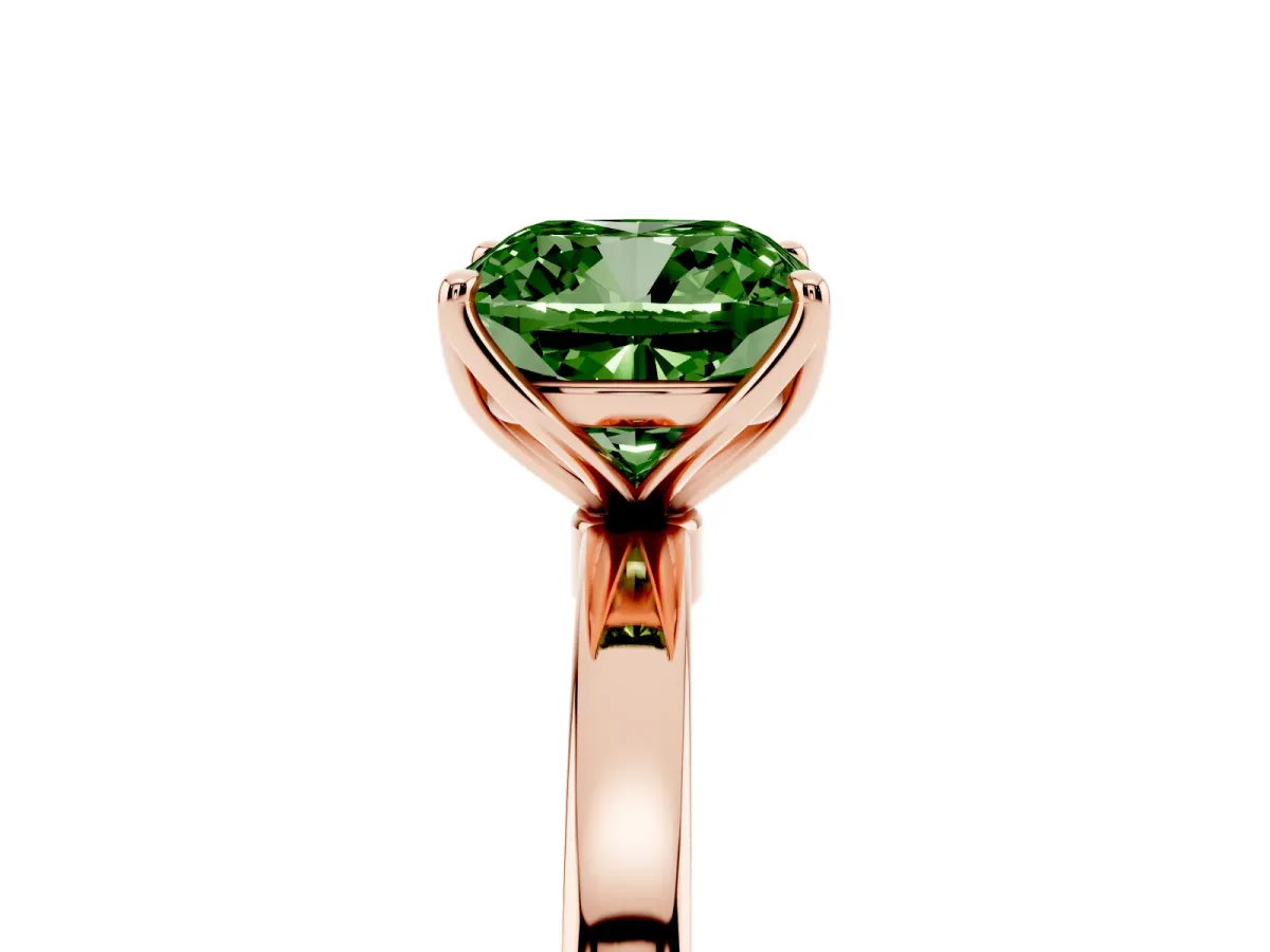 Fancy Green Cushion Cut Diamond Solitaire Ring with Thin Band and Prong Setting Rose gold