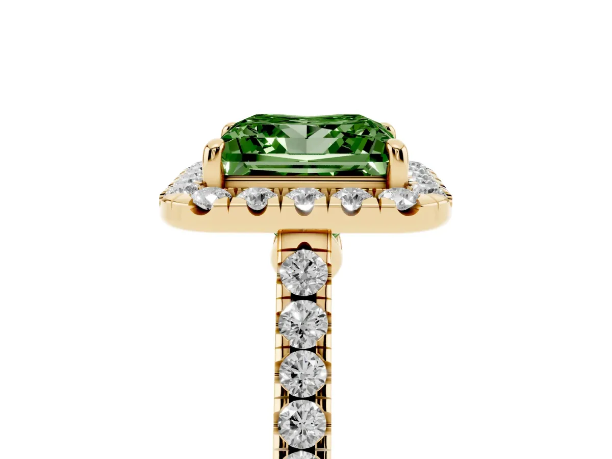 Fancy Green Princess Cut Halo Pave Diamond Engagement Ring with Four-Prong Setting Yellow gold