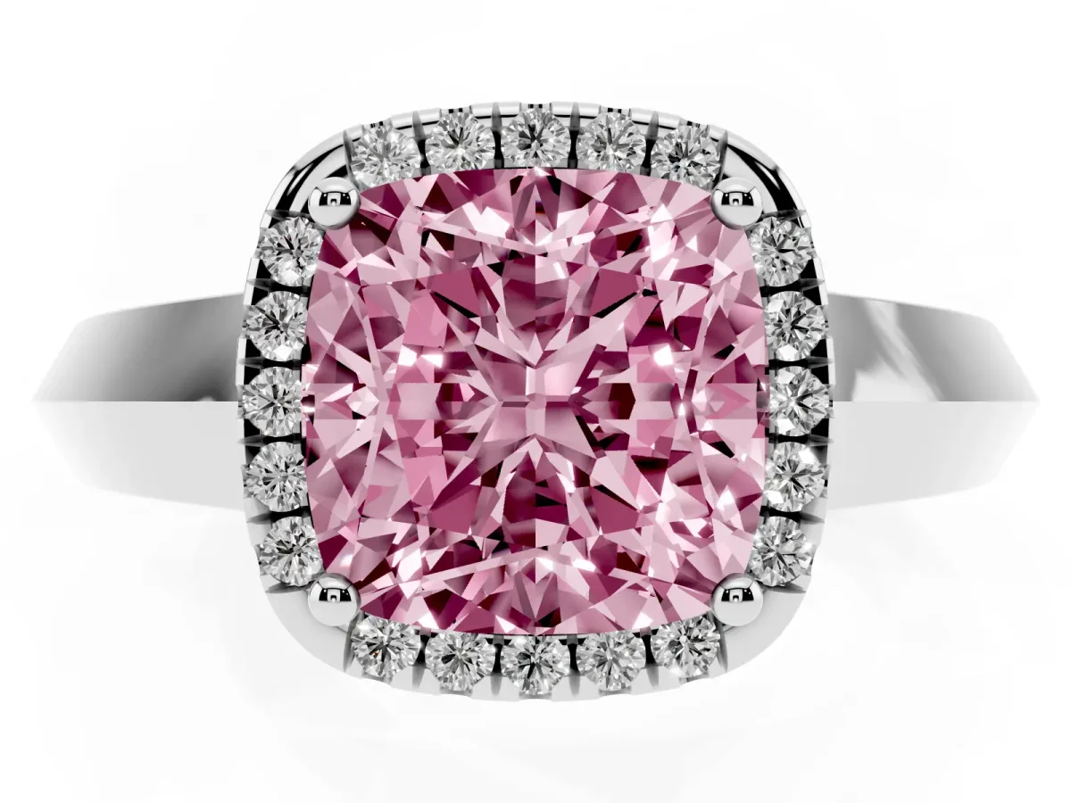 Fancy Pink Cushion Cut Halo Diamond Ring with Cathedral Band and Four-Prong Setting Silver