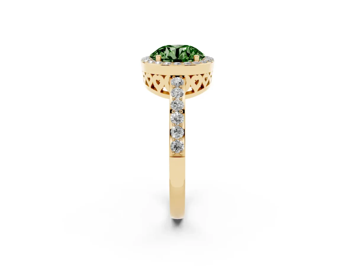 Fancy Green Round Cut Halo Diamond Pavé Band Ring with Prong Setting Yellow gold