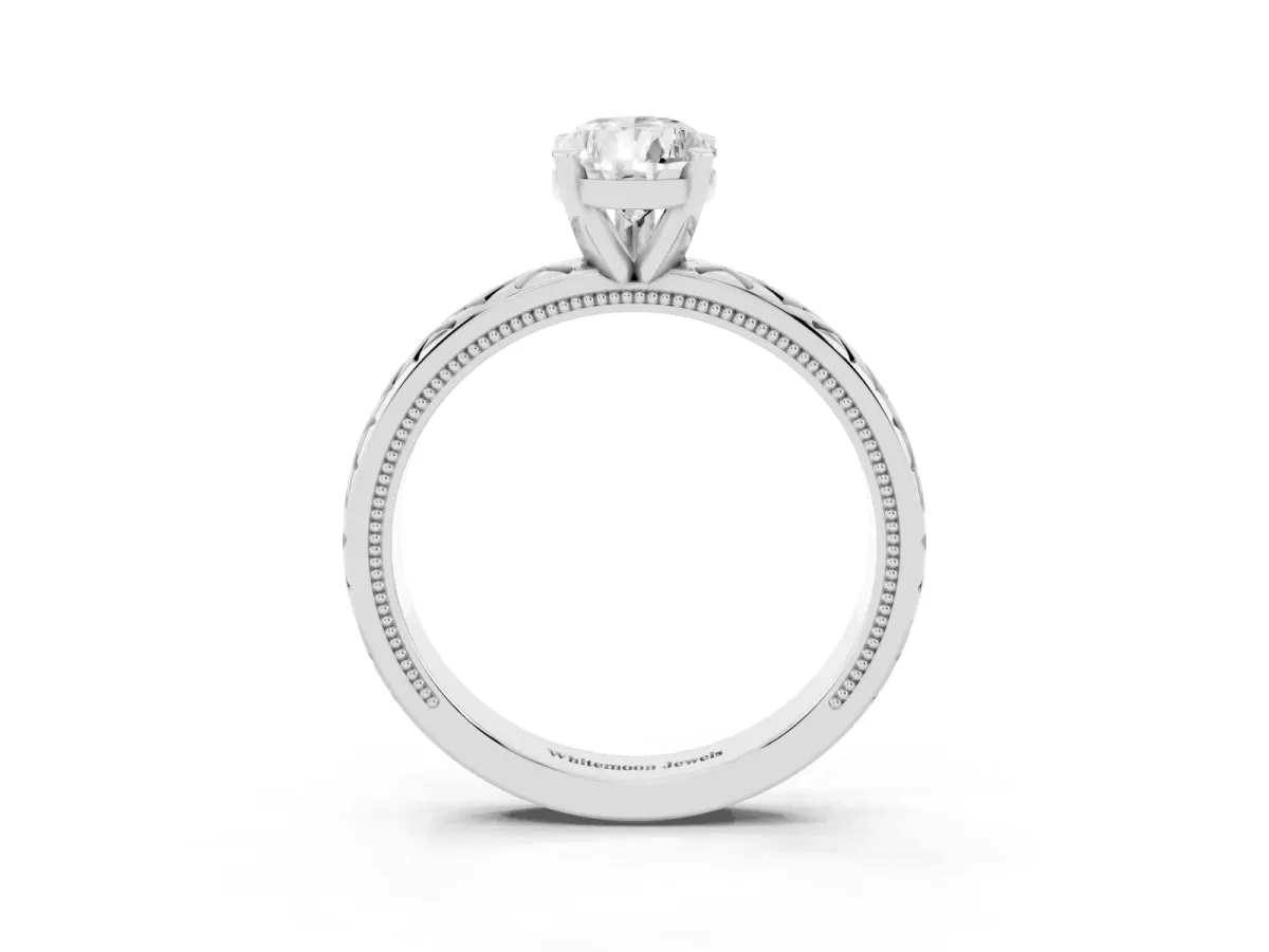 Pear Cut Solitaire Diamond Ring with Milgrain and Black Enamel X Pattern Band Silver