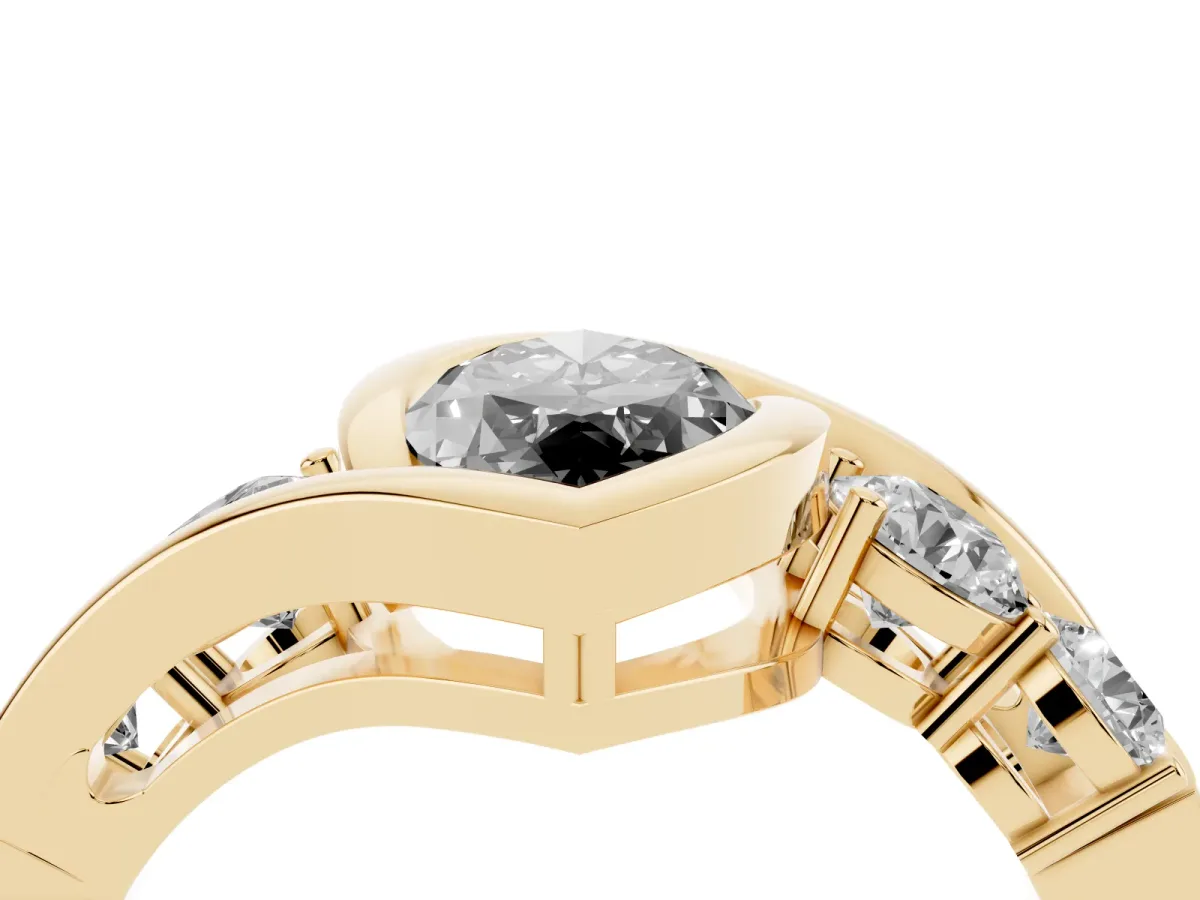 Fancy Black Bezel Set Marquise Cut Diamond Bypass Ring with Round Accents Yellow gold