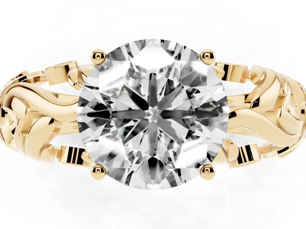Round Cut Solitaire Diamond Leaf-Inspired Vine Band Ring with Prong Setting Yellow gold