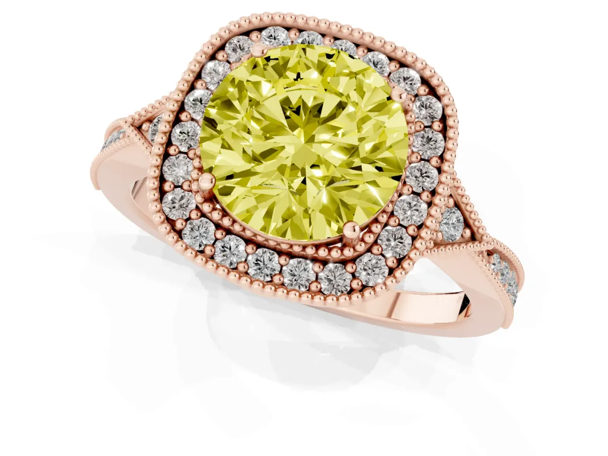 Fancy Yellow Round Cut Halo Round Diamond Milgrain Pave Engagement Ring Rose gold
