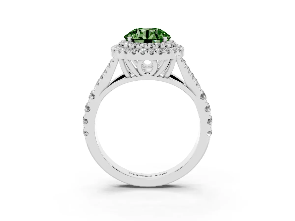 Fancy Green Round Cut Diamond Pavé Split Shank Double Halo Engagement Ring Platinum