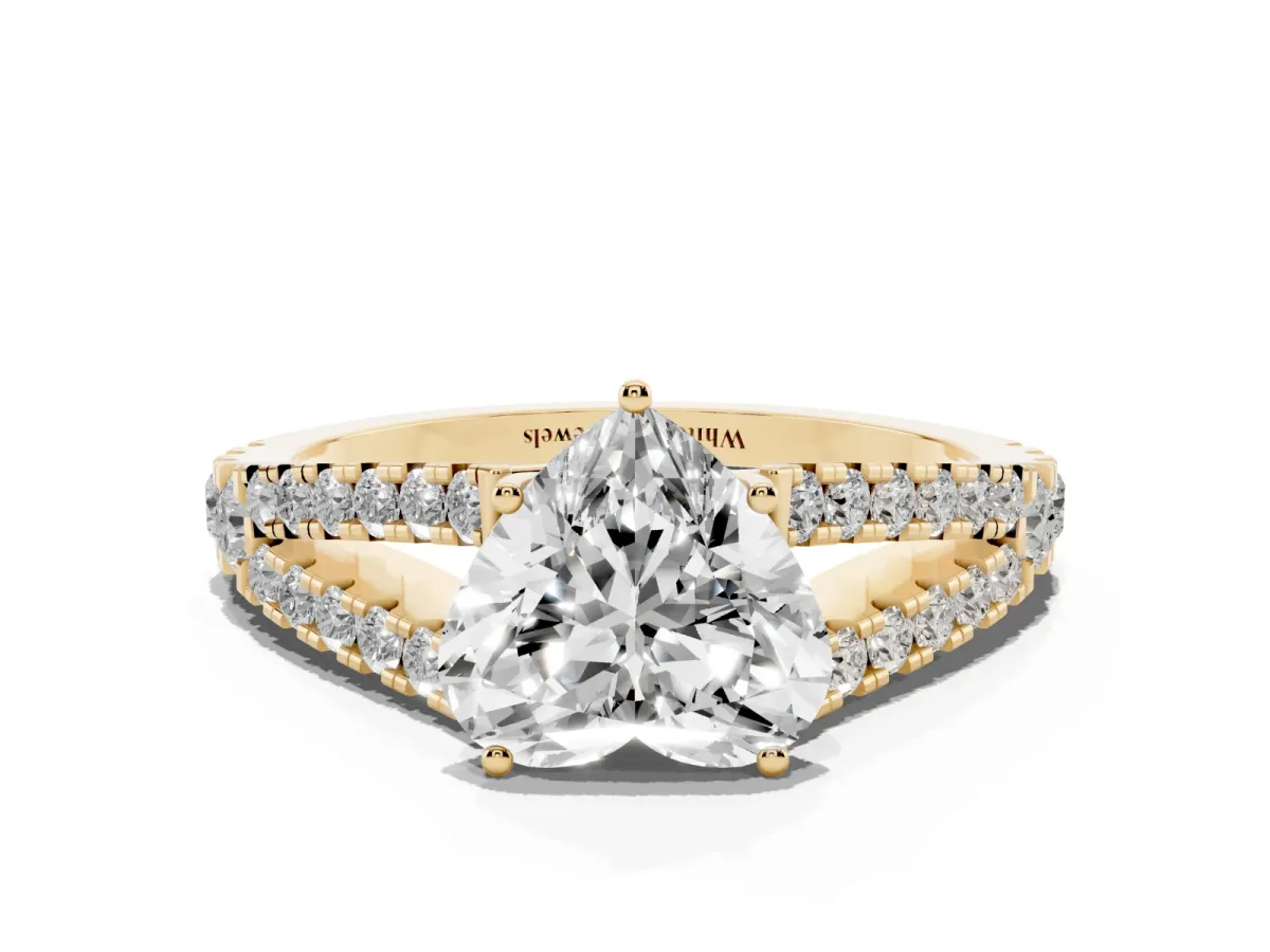 Heart Cut Diamond Split Shank Engagement Ring with Round Pavé and Prong Setting Yellow gold