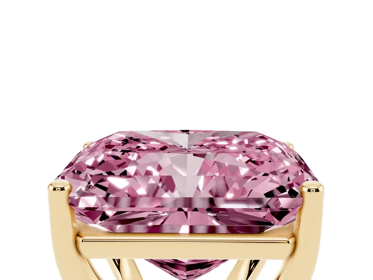 Fancy Pink Radiant Cut Cut Diamond Solitaire Engagement Ring with Tapered Plain Band and Four-Prong Setting Yellow gold
