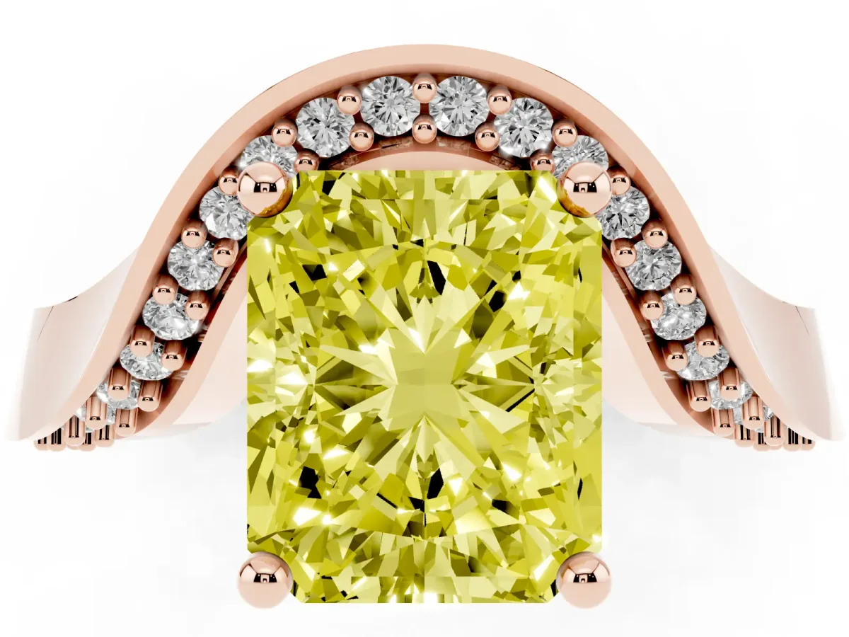 Fancy Yellow Radiant Cut Solitaire Diamond Engagement Ring with Pave Band and Four-Prong Setting Rose gold
