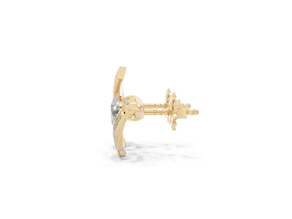 Round Diamond Curve Wave Stud Earrings Yellow gold