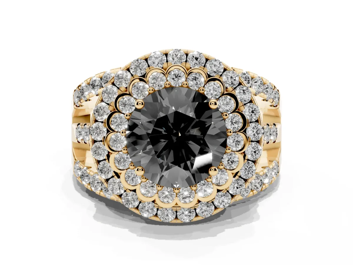 Fancy Black Round Cut Diamond Double Halo Ring with Round Pavé Split Shank and Prong Setting Yellow gold
