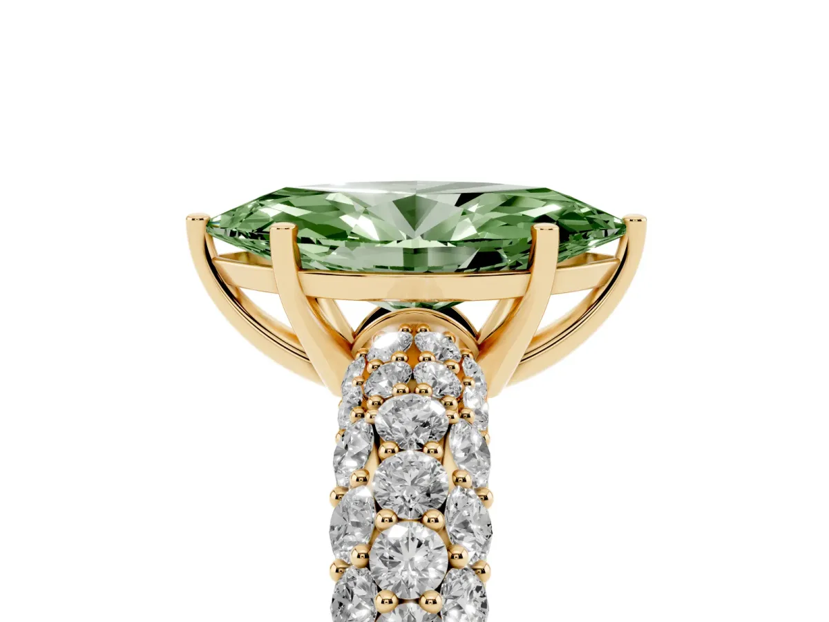 Fancy Green Marquise Cut Diamond Pavé Band Solitaire Ring with Four-Prong Setting Yellow gold
