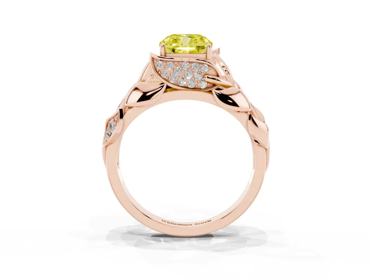 Fancy Yellow Cushion Cut Diamond Leaf-Inspired Engagement Ring with Round Accents and Prong Setting Rose gold