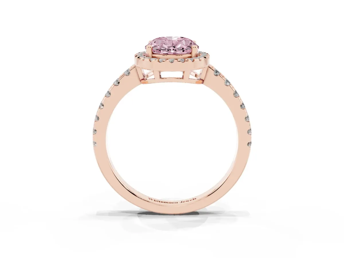 Fancy Pink Oval Cut Diamond Halo Ring with Pavé Band and Four-Prong Setting Rose gold