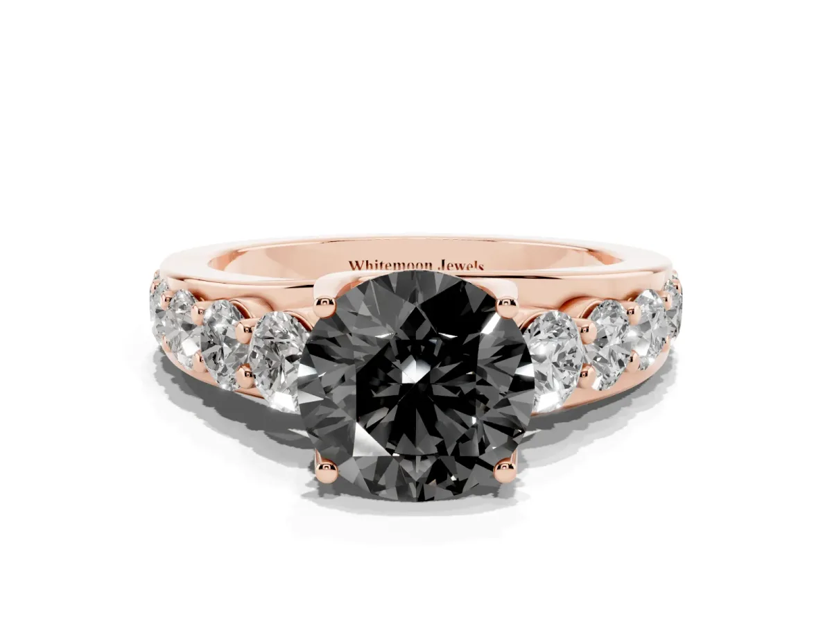 Fancy Black Round Cut Diamond Engagement Ring with Pavé Band and Four-Prong Setting Rose gold