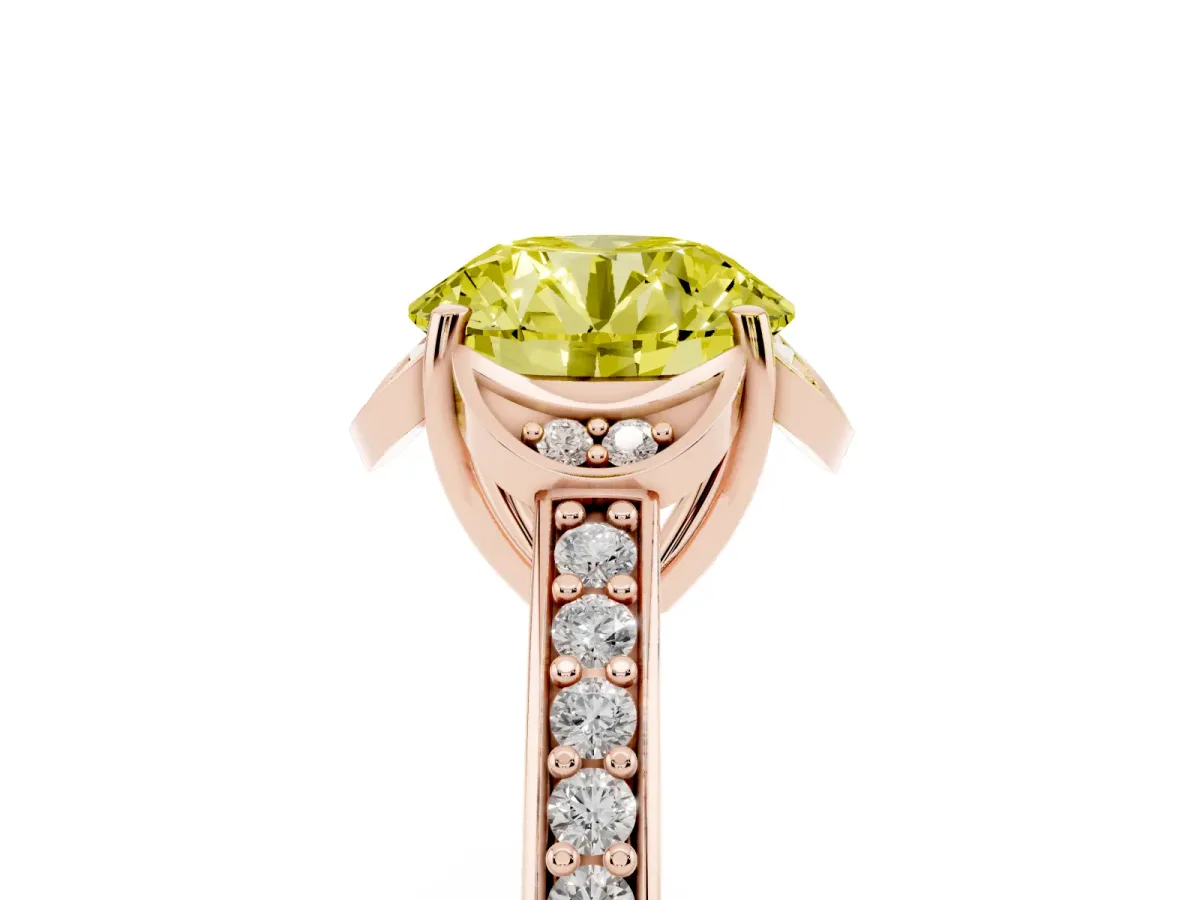 Fancy Yellow Round Cut Cut Halo Diamond Ring with Channel Set Band and Four-Prong Setting Rose gold