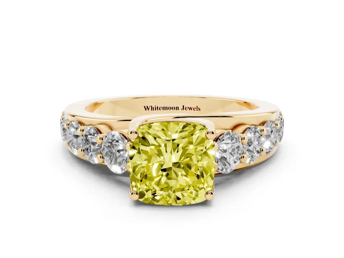 Fancy Yellow Cushion Cut Diamond Engagement Ring with Pavé Band and Four-Prong Setting Yellow gold