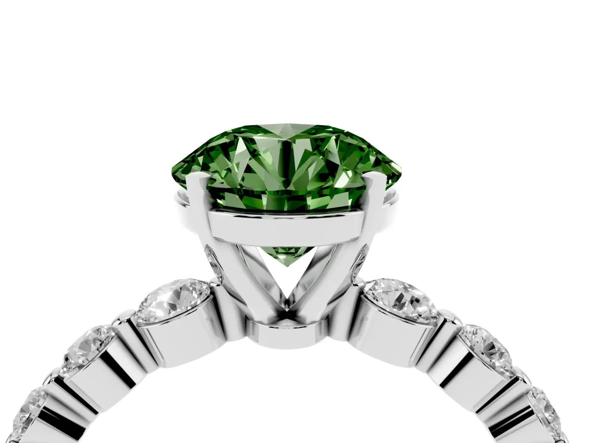 Fancy Green Round Cut Solitaire Diamond Ring with Pave Band and Four-Prong Setting Silver