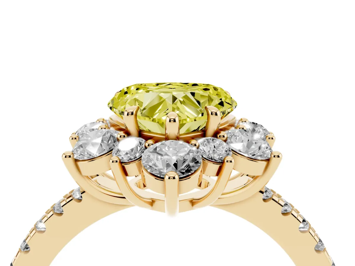 Fancy Yellow Heart Cut Diamond Floral Halo Ring with Round Pavé Band and Prong Setting Yellow gold