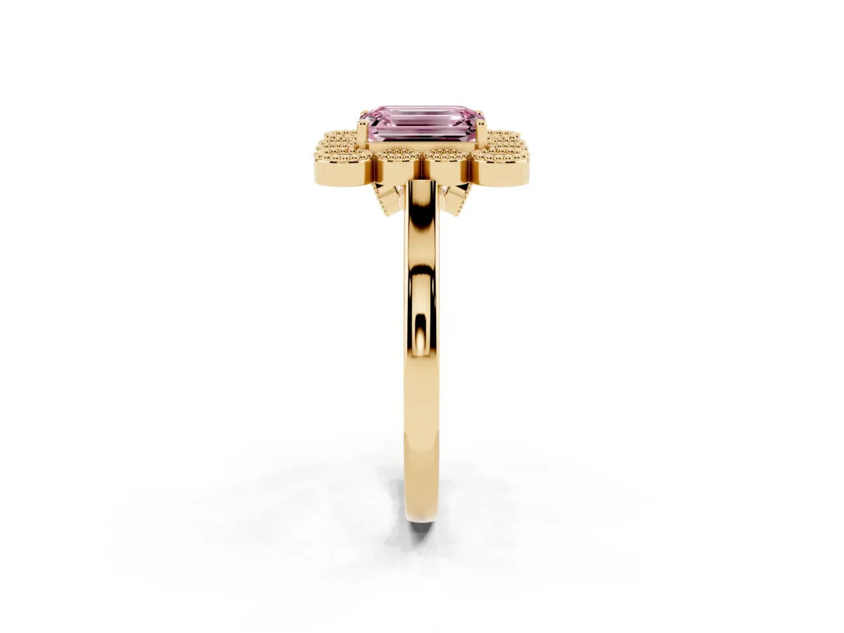 Fancy Pink Emerald Cut Halo Diamond Cluster Engagement Ring with Milgrain Bezel Setting and Solitaire Band Yellow gold