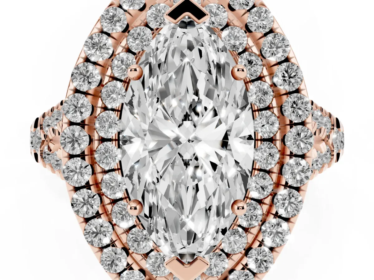 Double Halo Marquise Cut Diamond Pavé Split Shank Ring with Prong Setting Rose gold