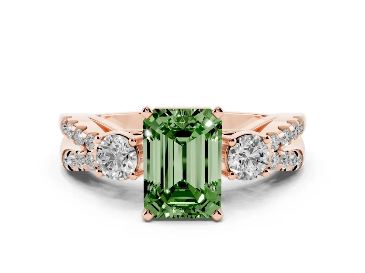 Fancy Green Emerald Cut Diamond Three-Stone Ring with Pavé Split Shank and Four-Prong Setting Rose gold