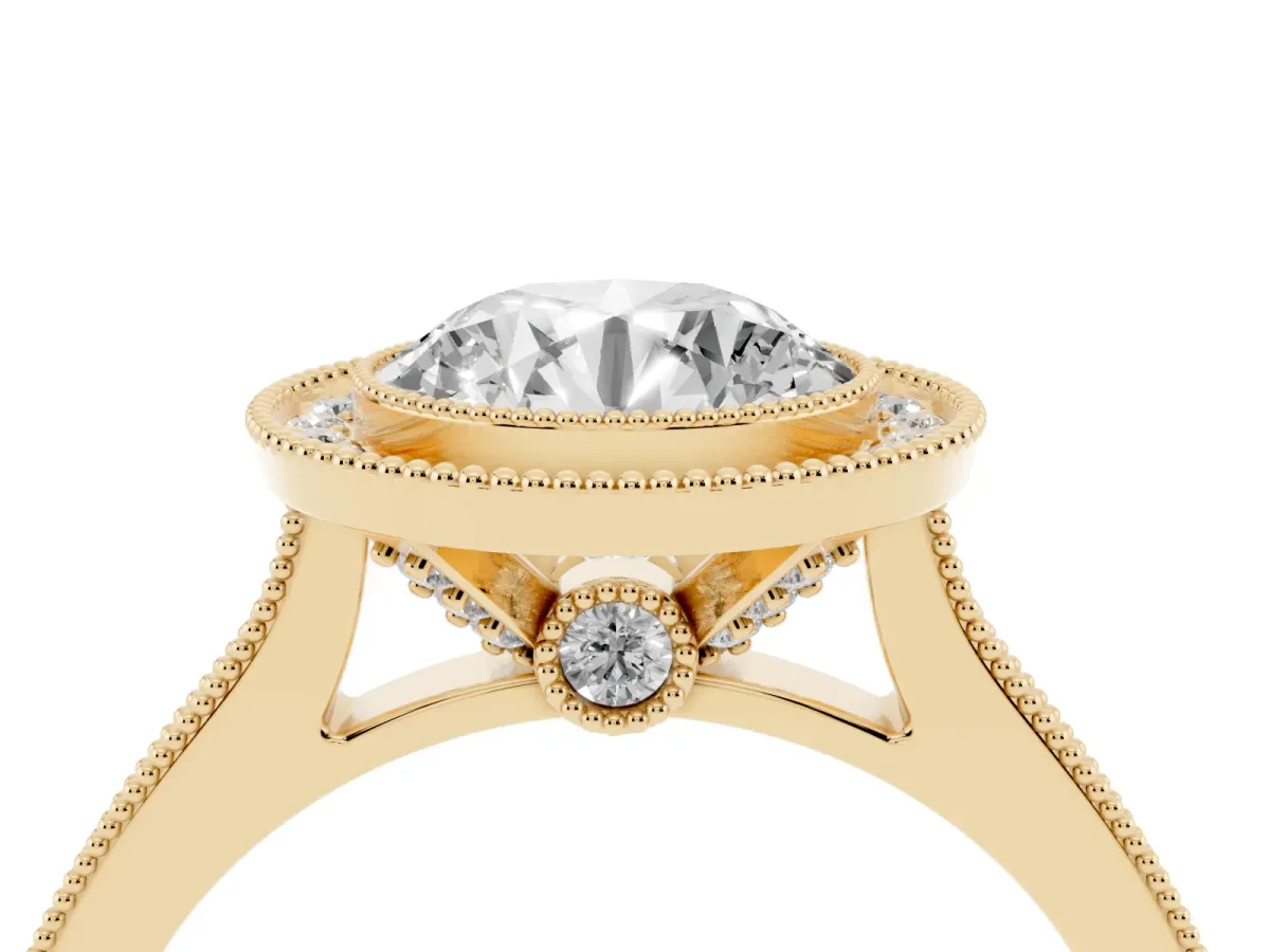 Halo Round Cut-Cut Diamond Pave Band Milgrain Prong Setting Ring Yellow gold