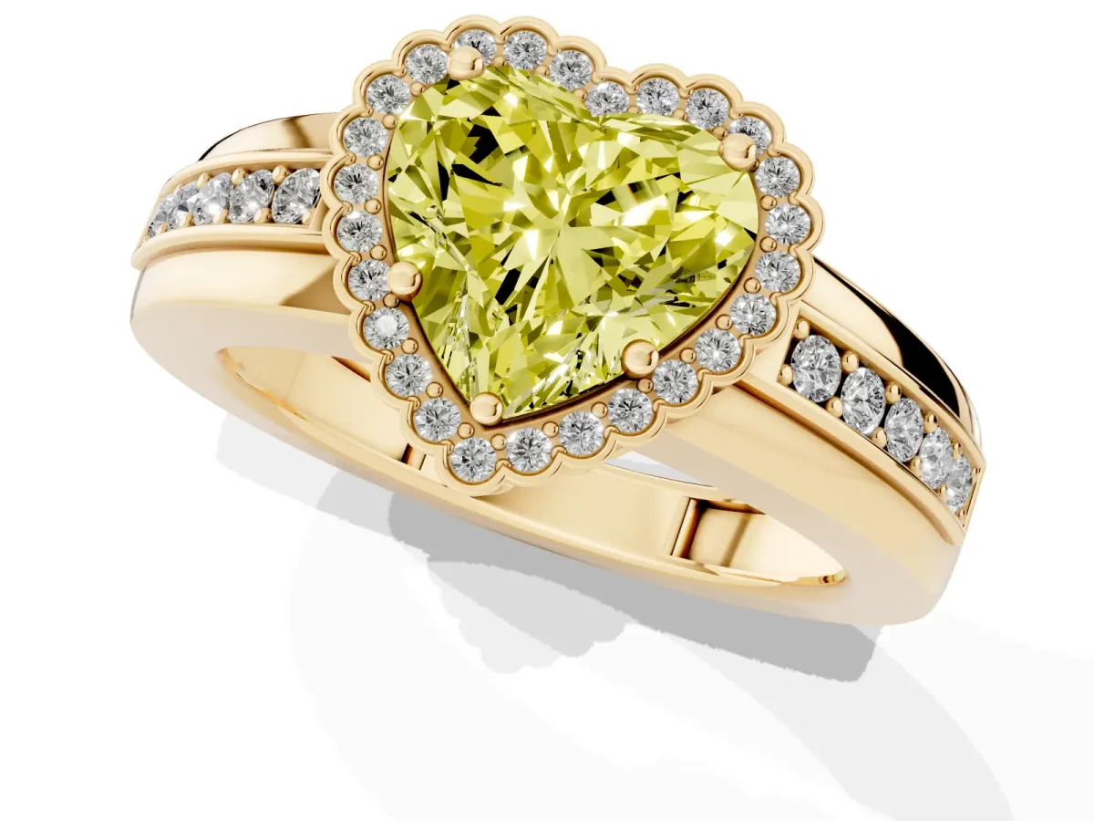Fancy Yellow Heart Cut Cut Halo Pave Band Four-Prong Ring Yellow gold