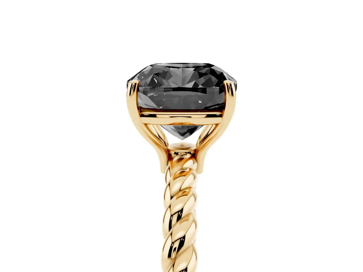 Fancy Black Cushion Cut Solitaire Twisted Band 4-Prong Ring Yellow gold
