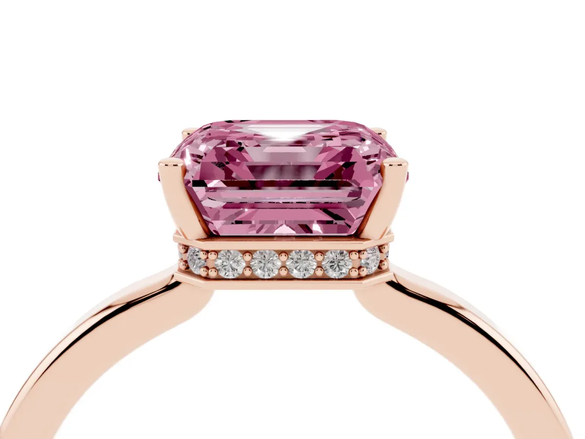 Fancy Pink Asscher Cut Cut Solitaire Engagement Ring with Four-Prong Setting on a Classic Band Rose gold