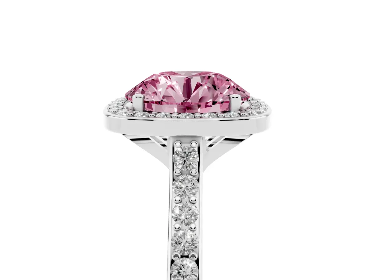 Fancy Pink Round Cut Diamond Halo Engagement Ring with Round Pavé Shoulders and Prong Setting White gold