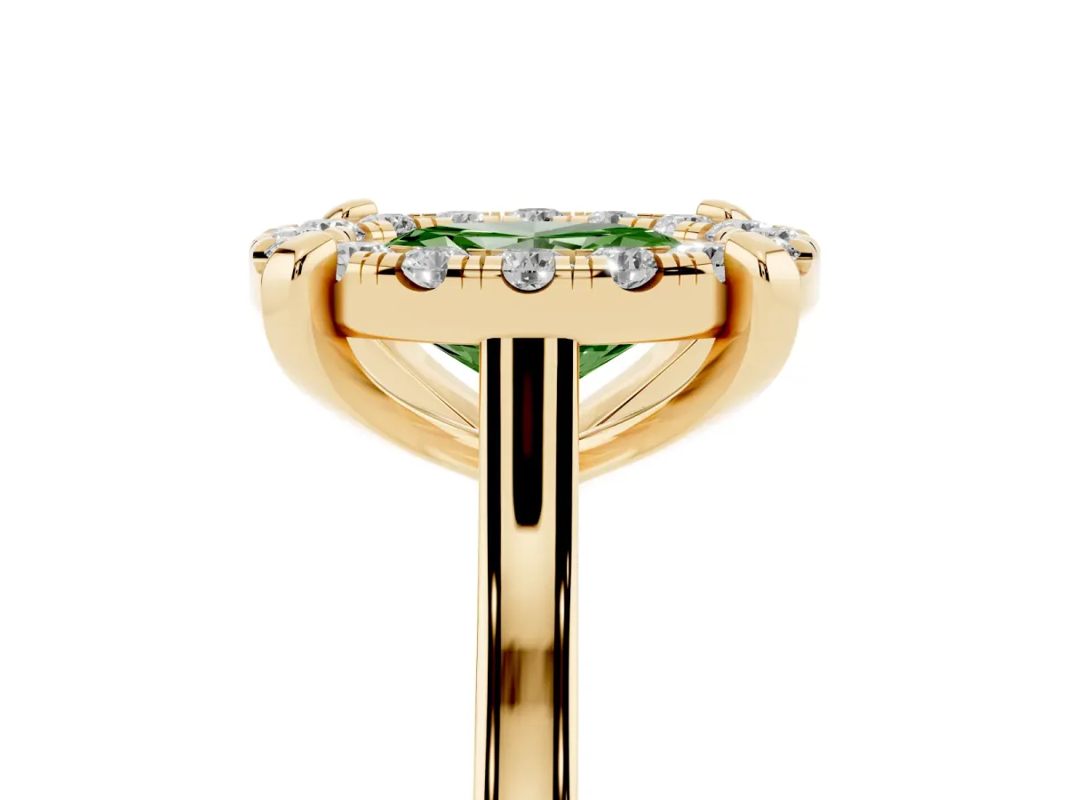Fancy Green Oval Cut Diamond Cluster Halo Solitaire with Four-Prong Setting Yellow gold