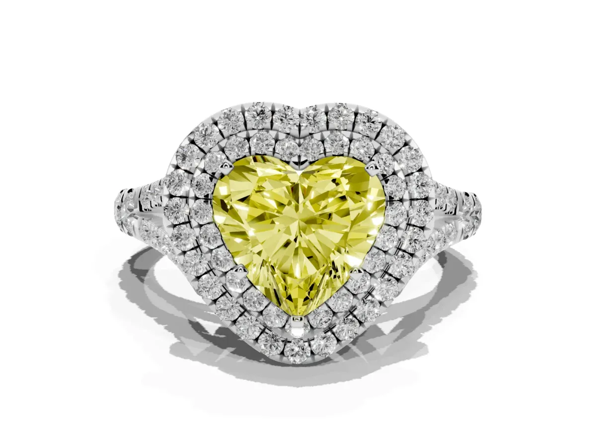Fancy Yellow Heart Cut Cut Double Halo Split Shank Diamond Ring with Prong Setting Silver