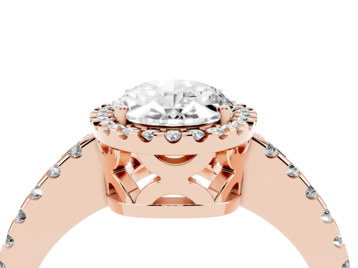 Oval Cut Diamond Halo Engagement Ring with Pavé Band and Prong Setting Rose gold