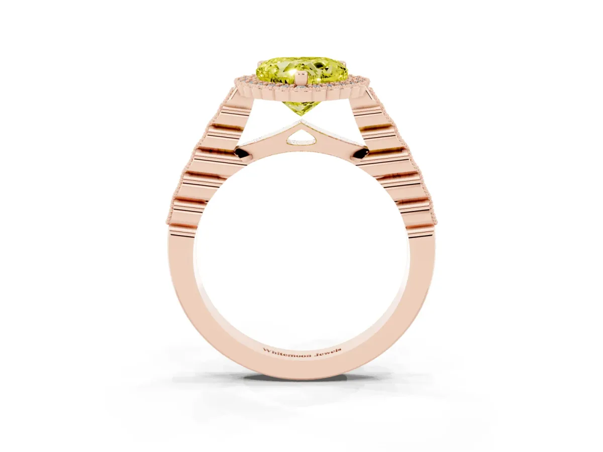 Fancy Yellow Heart Cut Cut Halo Pavé Solitaire Ring with Milgrain Band Rose gold
