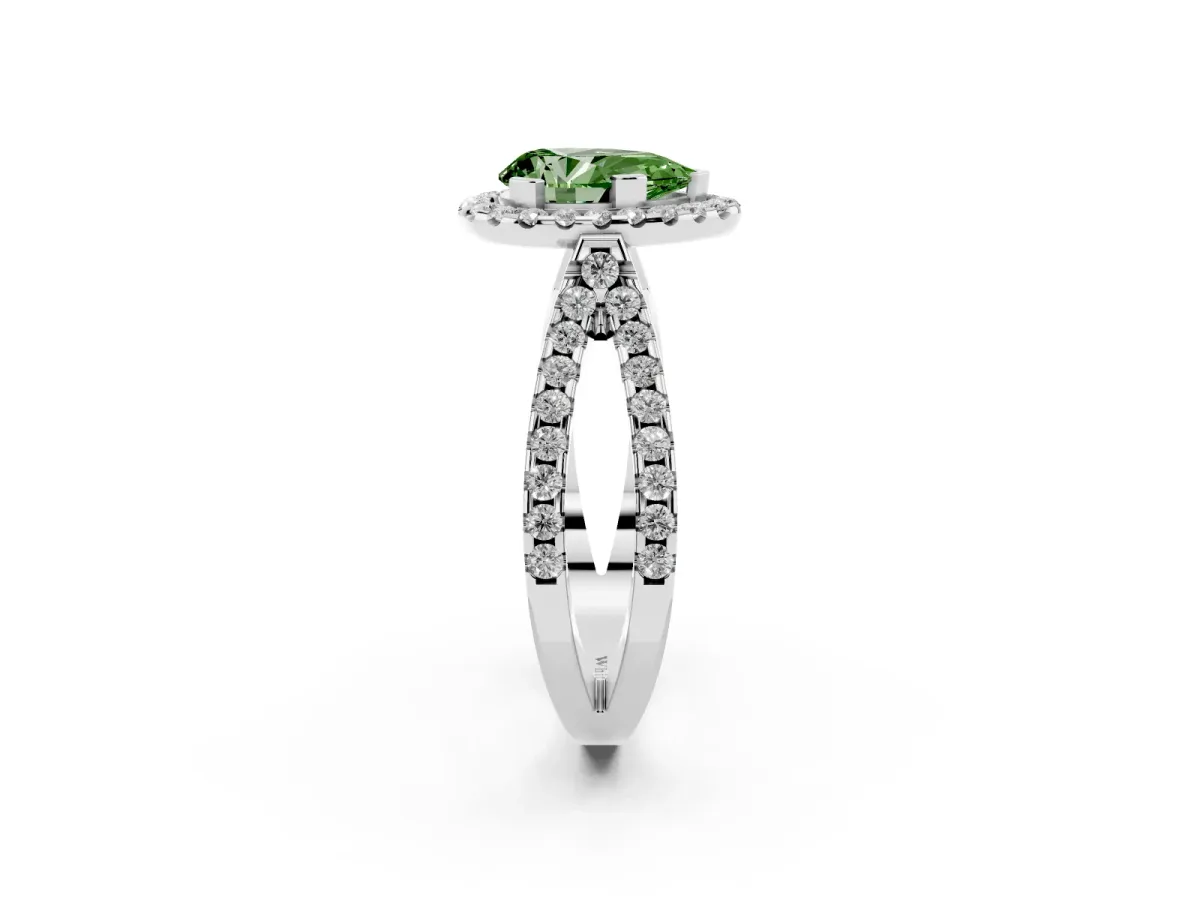 Fancy Green Pear Cut Diamond Halo Ring with Split Shank Pavé Band and Prong Setting Silver