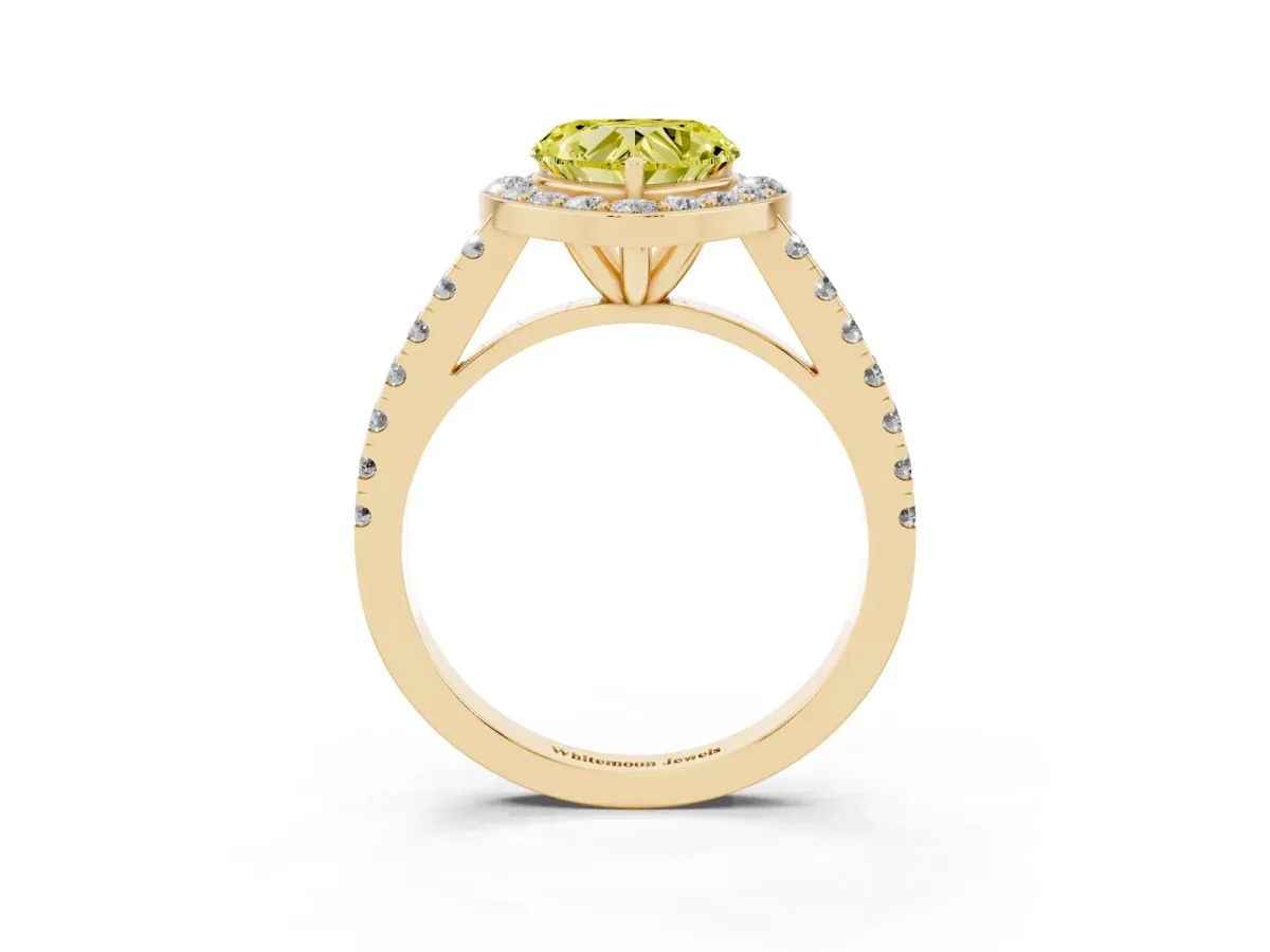 Fancy Yellow Heart Cut Diamond Halo Ring with Round Pavé Split Shank and Prong Setting Yellow gold