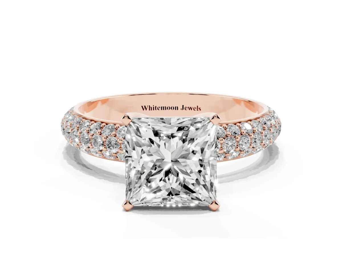 Princess Cut Diamond Solitaire Ring with Prong Setting and Pavé Band Rose gold