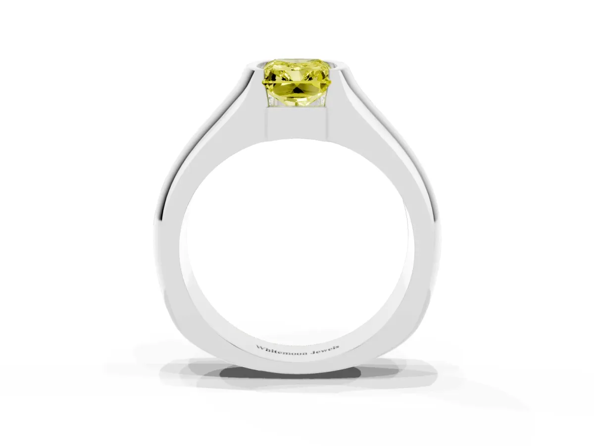 Fancy Yellow Radiant Cut Solitaire Bezel Set Diamond Ring with Wide Band Silver