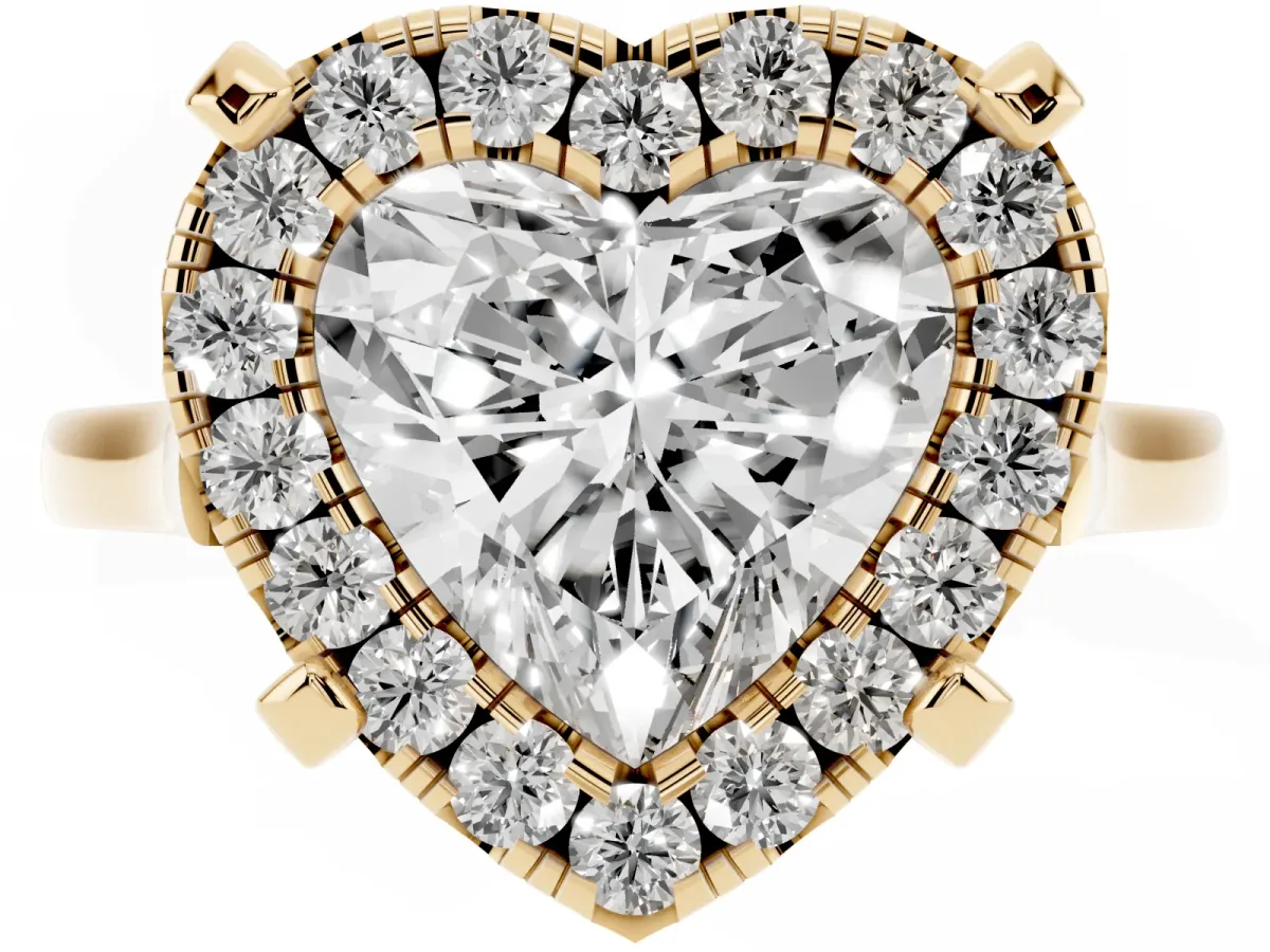 Heart Cut Diamond Cluster Halo Solitaire with Four-Prong Setting Yellow gold