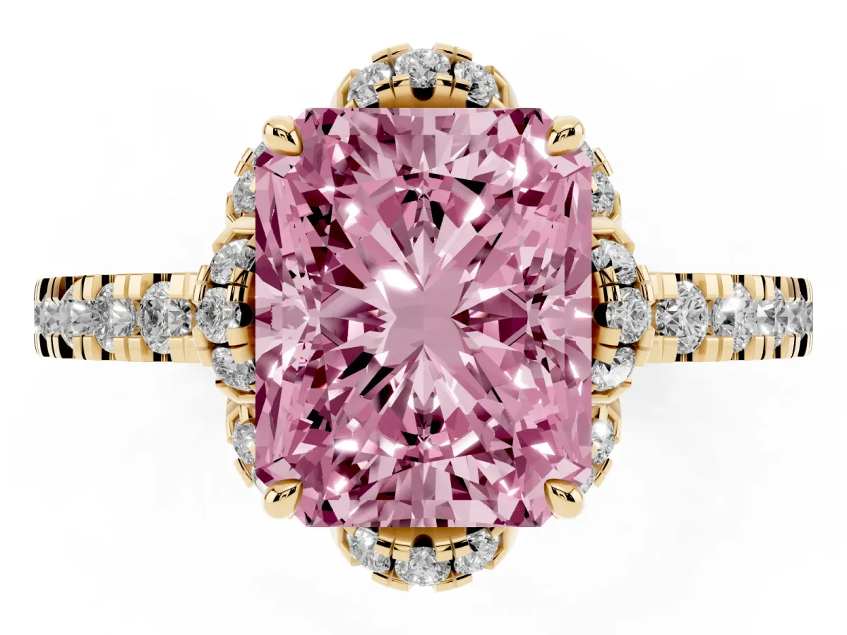 Fancy Pink Radiant Cut Halo Diamond Pave Band Ring with Four-Prong Setting Yellow gold