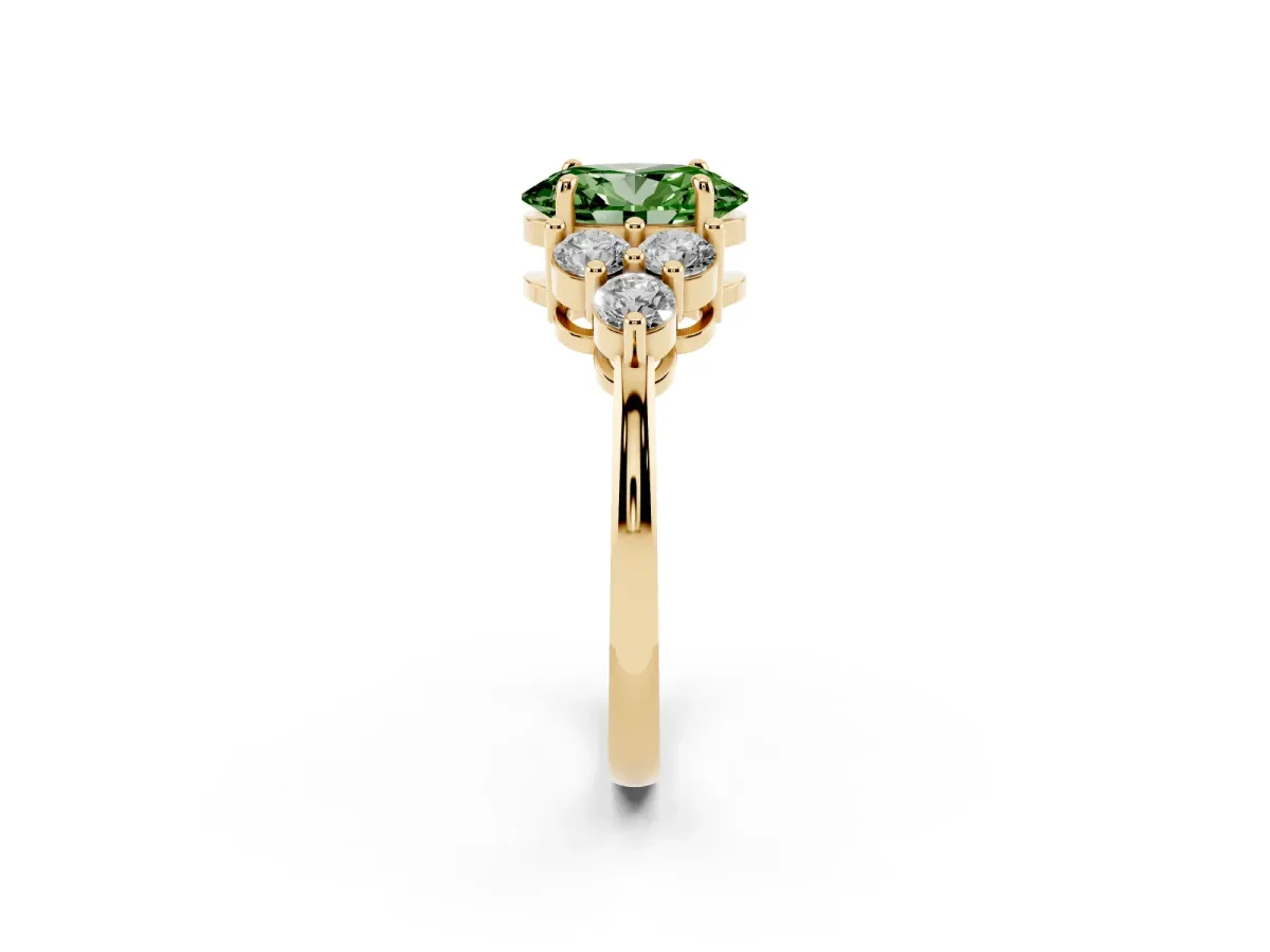 Fancy Green Oval Cut Brilliant Diamond Cluster Accent Solitaire Ring with Prong Setting Yellow gold
