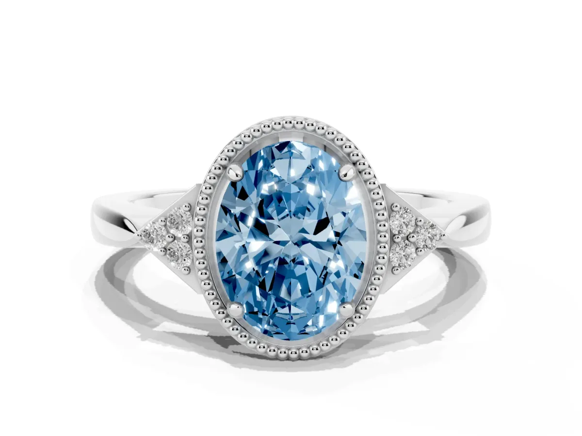 Fancy Blue Hexagonal Halo Oval Cut Diamond Solitaire with Pavé Band and Four-Prong Setting Silver