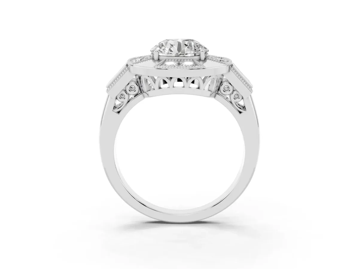 Milgrain Round Cut Diamond Halo Split Shank Ring Platinum