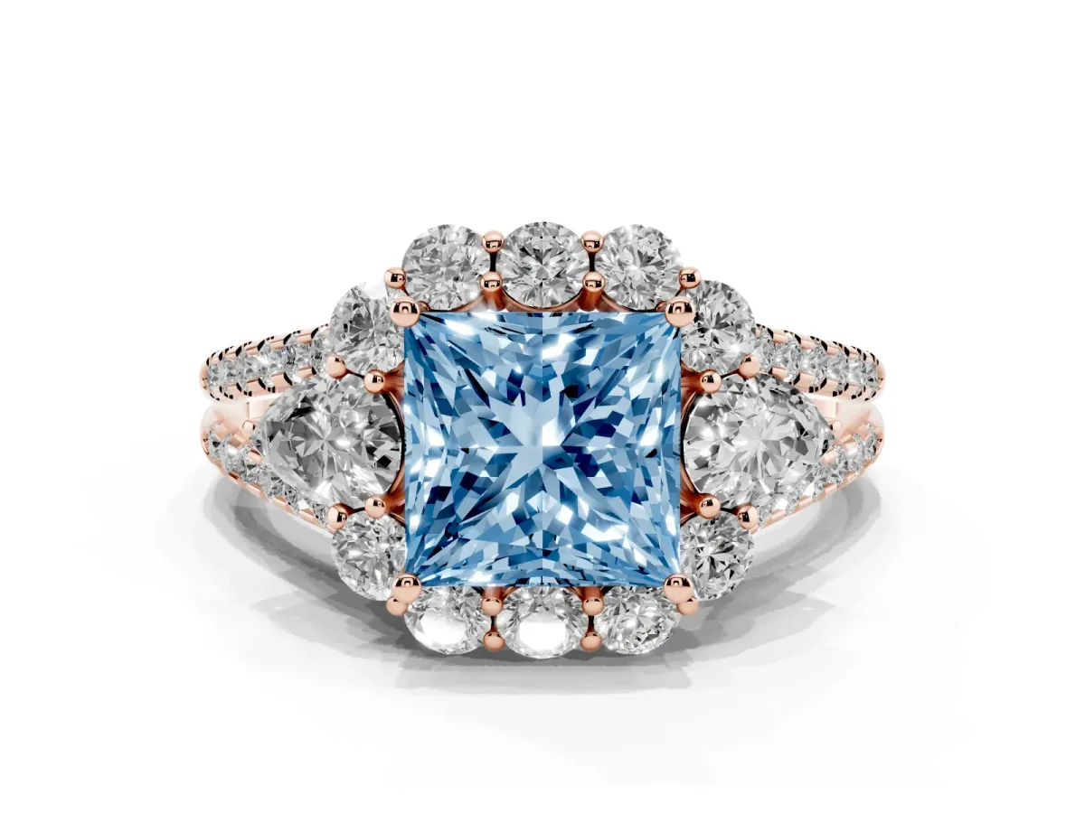 Fancy Blue Princess Cut Halo Split Shank Diamond Engagement Ring with Prong Setting Rose gold